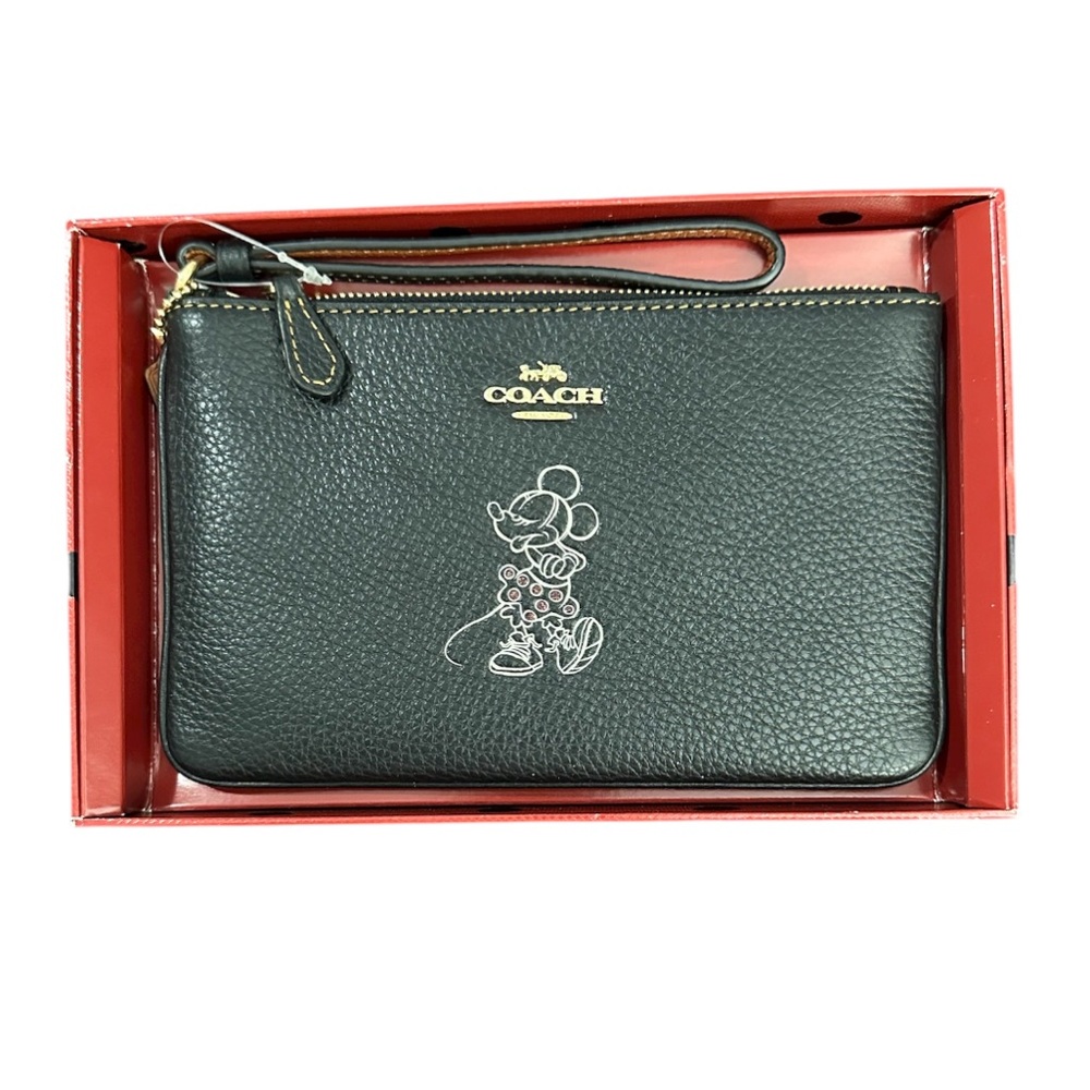 New in Box Disney x Coach Minnie Mouse Motif Wristlet in Black Pebbled Leather